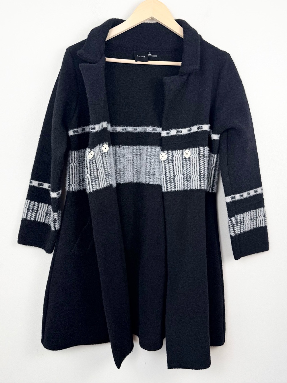 Cliche’ Black & White Patterned Mid-Length Wool Blend Pea Coat Size Small